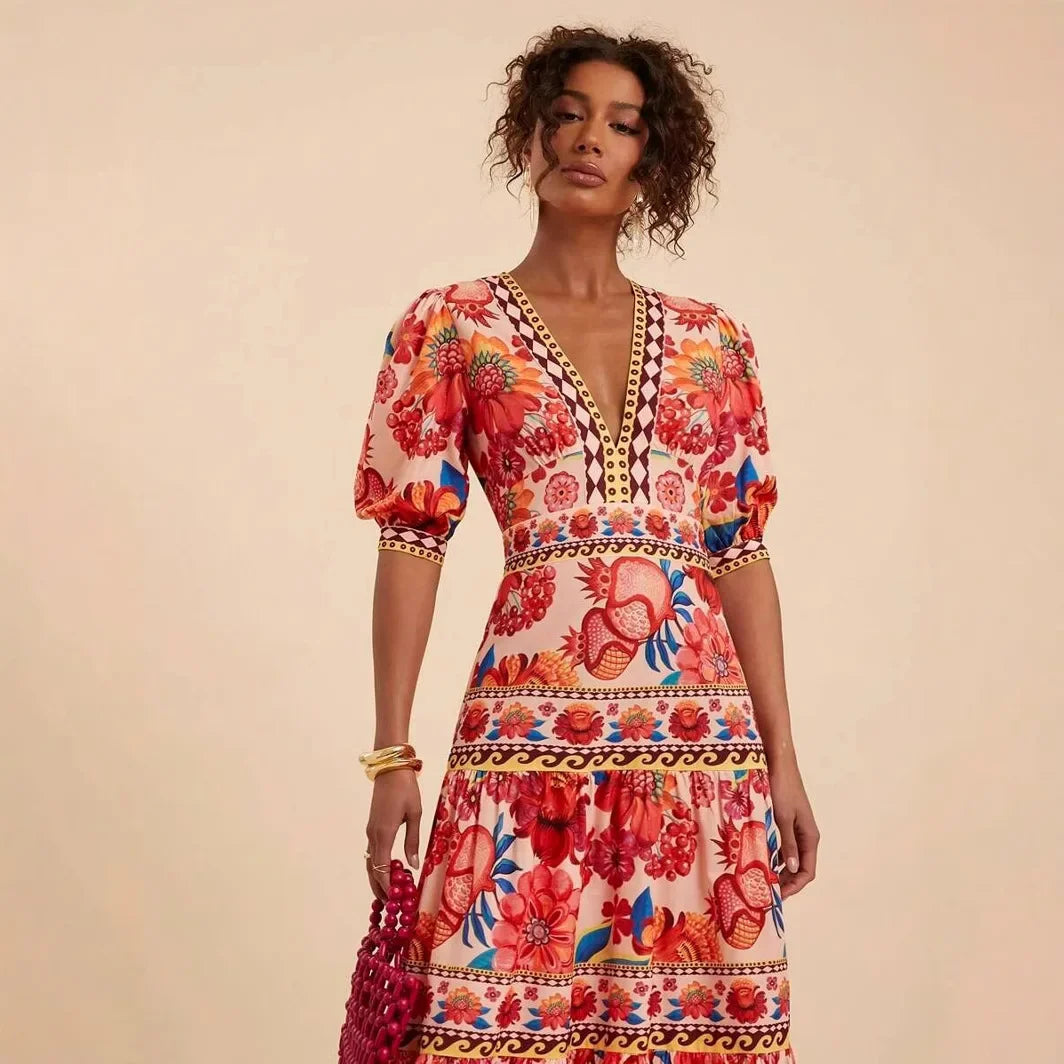 Floral Print Bubble Sleeve Maxi Dress - V-Neck Summer Dress