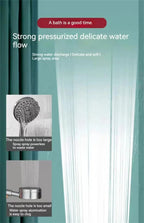 Advertisement for a shower head with text about water flow and nozzle size on a teal background.