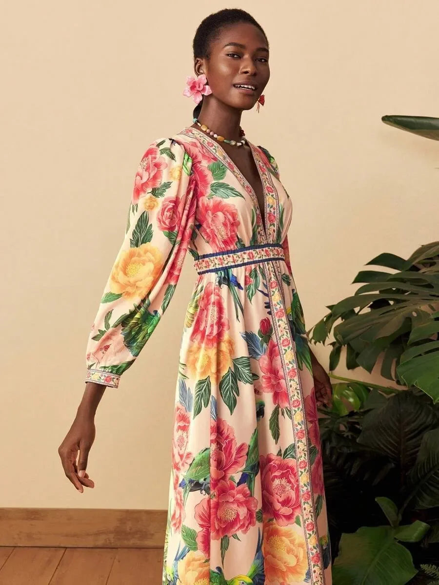 Bohemian Lantern Sleeve Midi Dress - V-Neck Loose Fit Dress