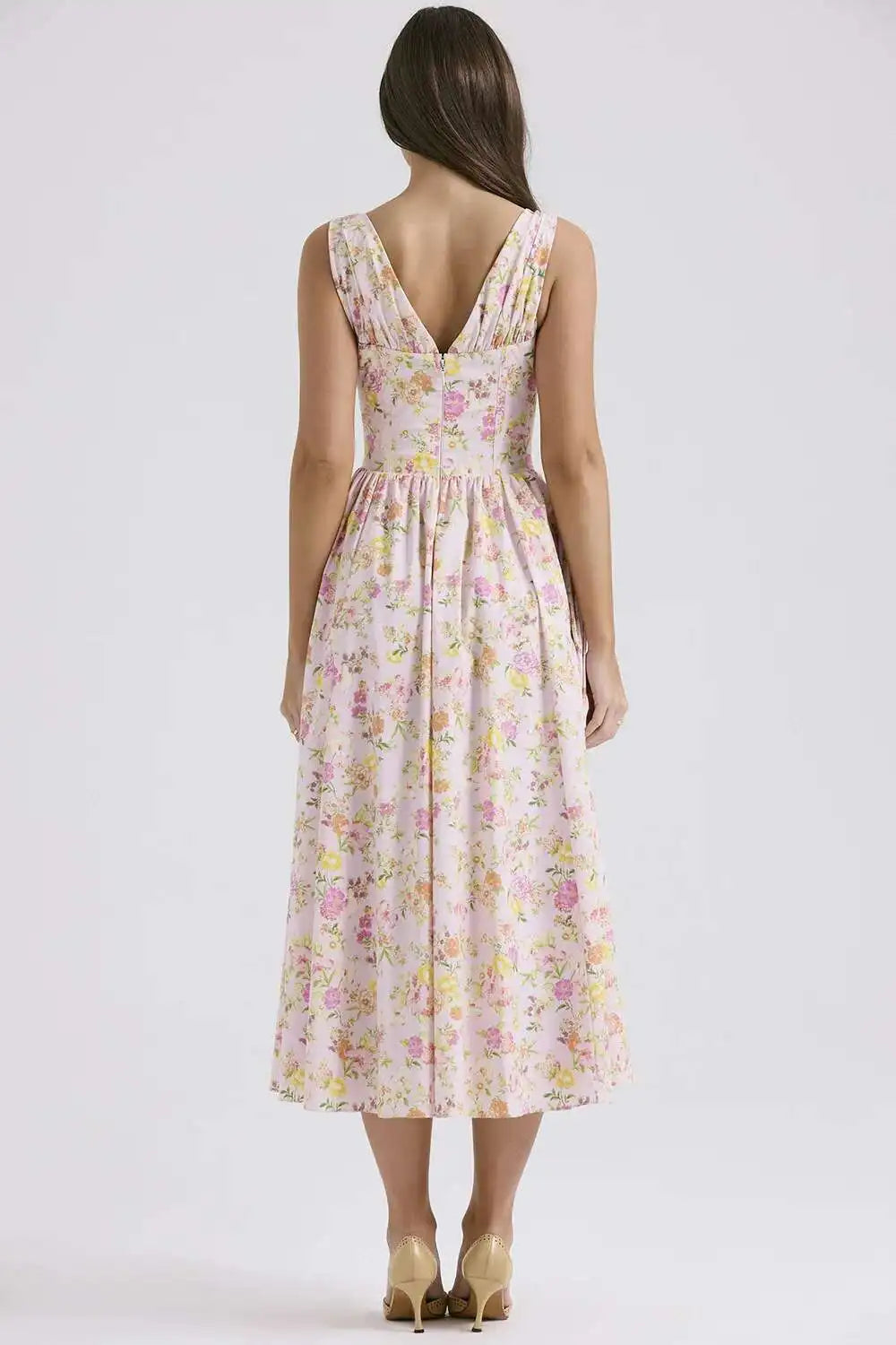 Floral Print Wrap Midi Dress - Spaghetti Strap A-Line - Cottagecore Style