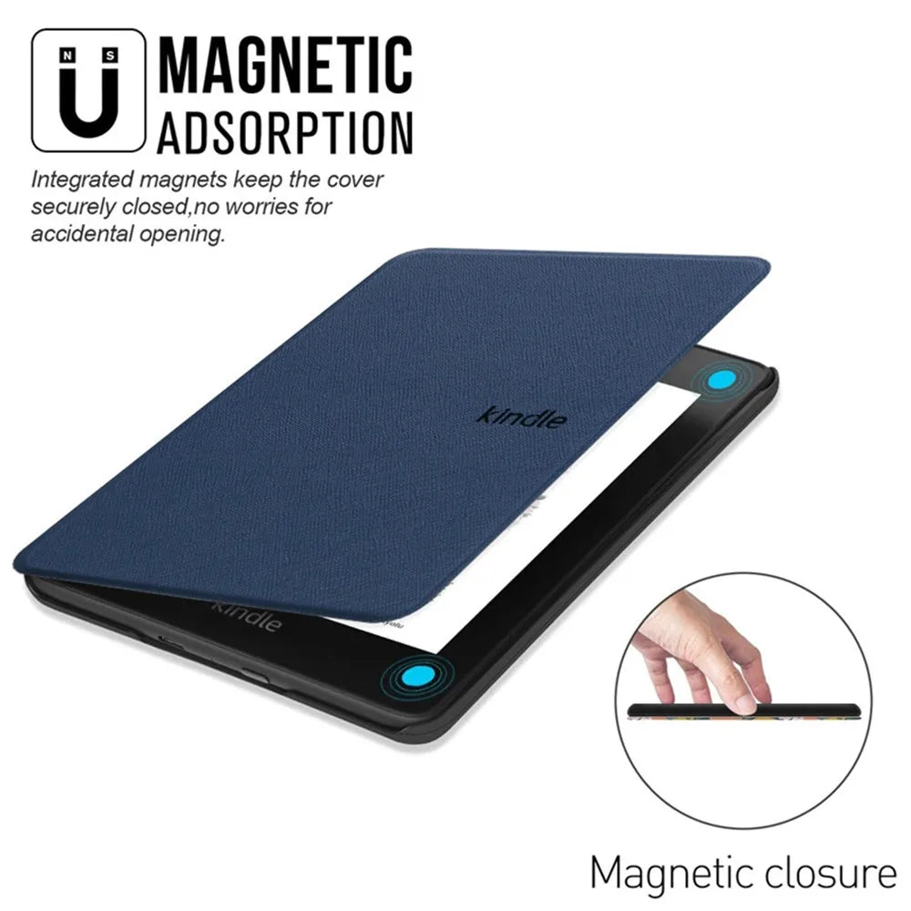 Blue Kindle cover with magnetic closure feature on a white background