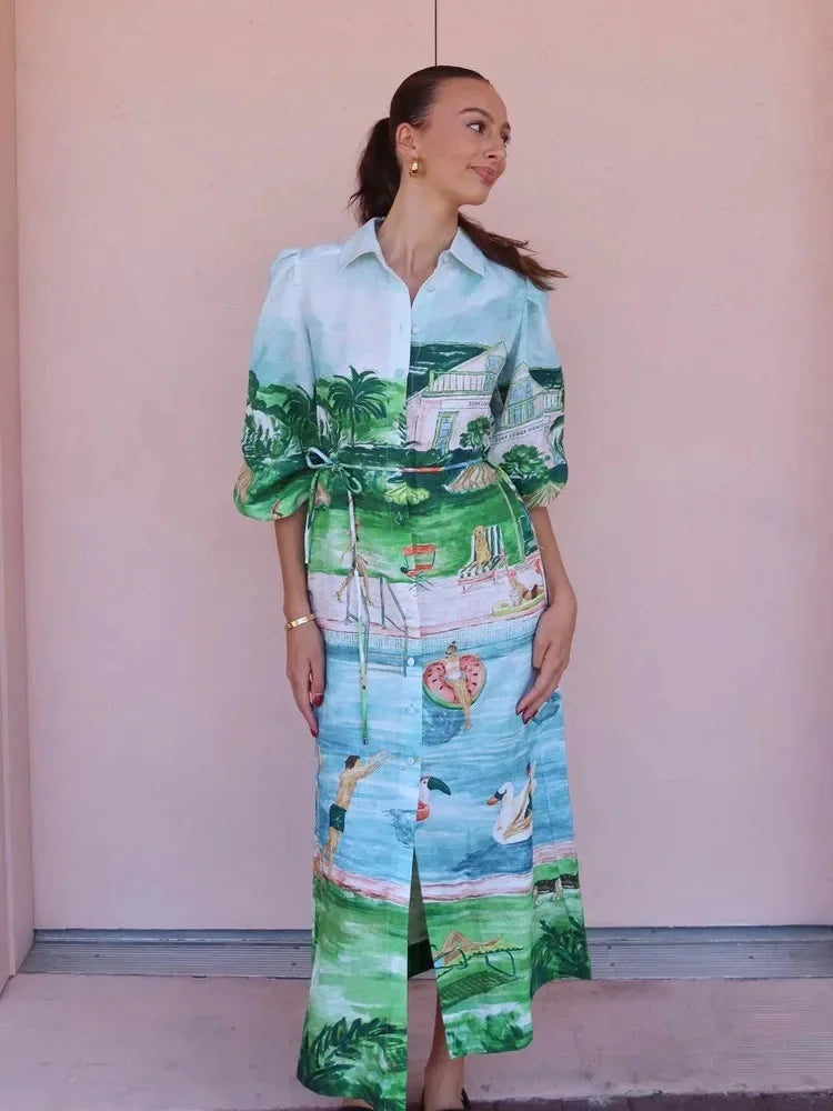 Woman wearing a colorful outfit with a palm tree pattern against a plain background