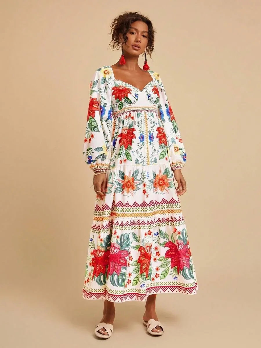 Floral Print V-Neck Maxi Dress - Long Sleeve Empire Waist