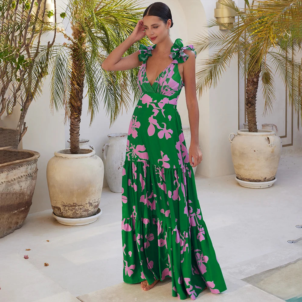 Ruffle Shoulder Print Swimsuit - Elegant Beachwear