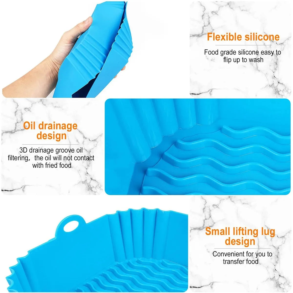 Blue silicone scrubber with features highlighted on a marble background