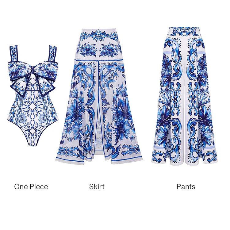 Bow Decor Majolica Print Swimsuit - Elegant Beachwear