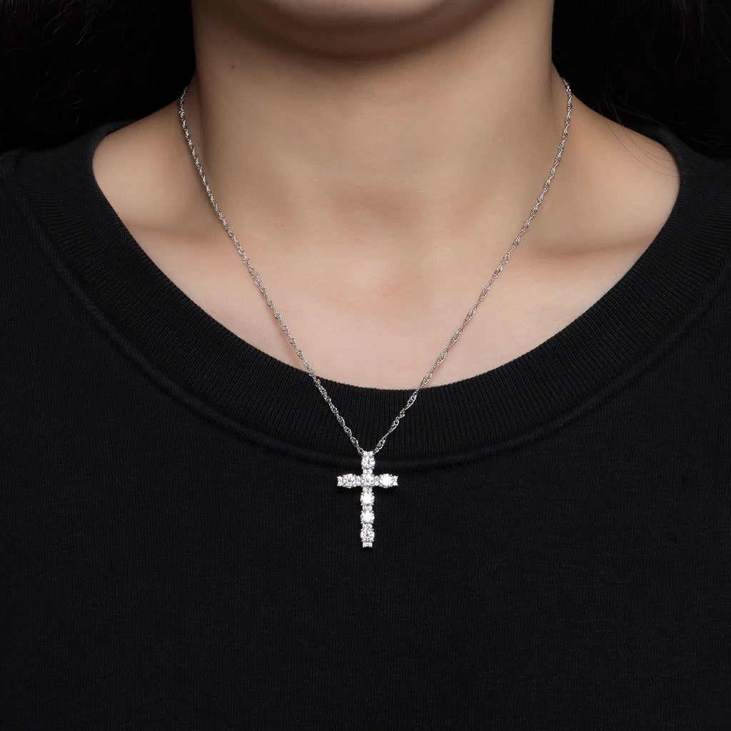 Moissanite Cross Pendant Necklace - 925 Sterling Silver 18K Gold Plated