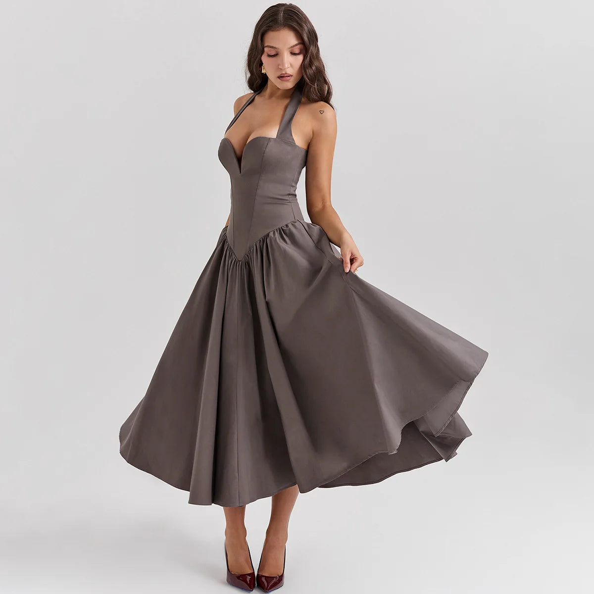 Halter Neck Fit and Flare Midi Dress - Cottagecore Style