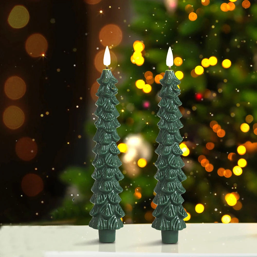 Two green tree-shaped candles with a festive background featuring blurred lights and a Christmas tree.