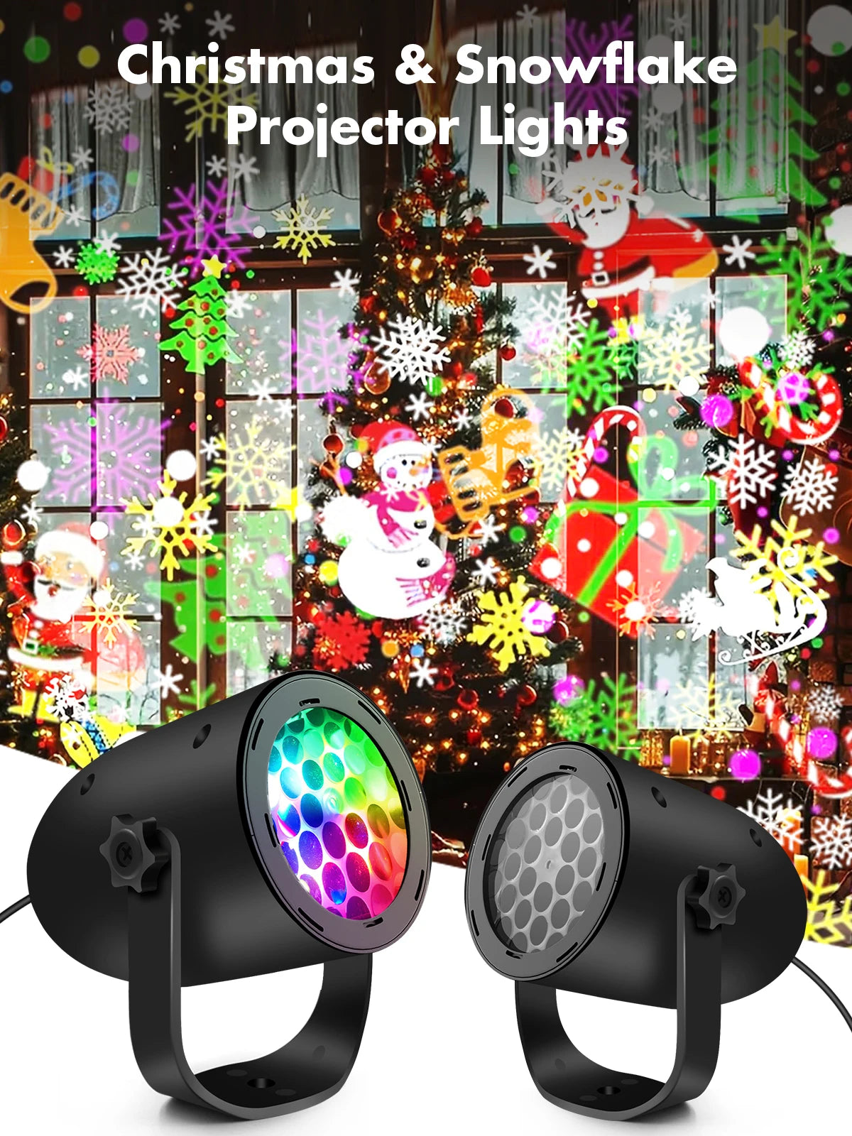 Two Christmas projector lights with colorful snowflake patterns projected onto a window.
