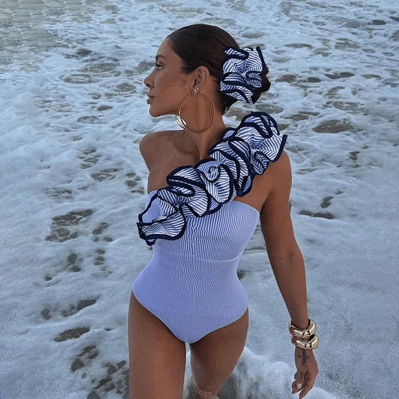 One Shoulder Ruffle Swimsuit - Stripe Print Beachwear