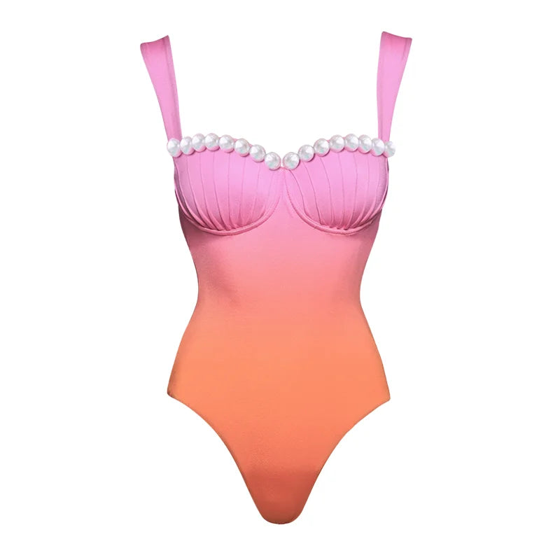 Pearl Decor Color Block Swimsuit