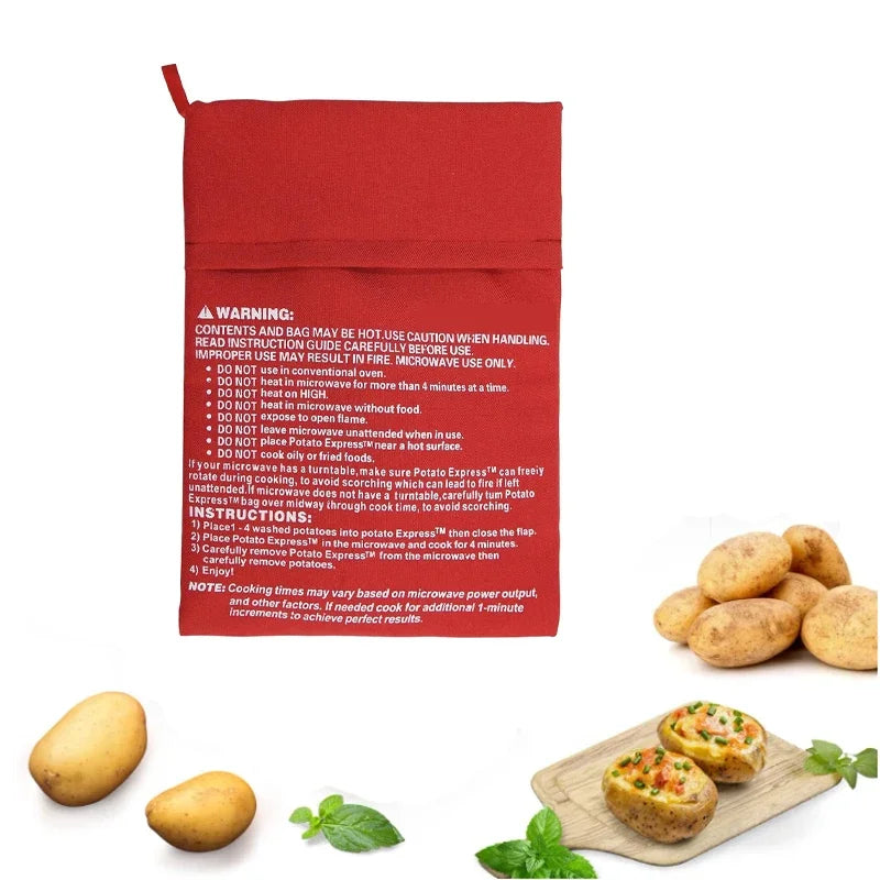 Red microwaveable potato bag with warning text, potatoes, and a wooden board with food on a white background
