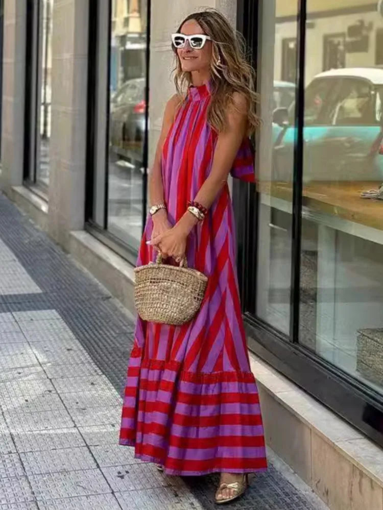 Striped Halter Neck Maxi Dress - Backless Lace-Up Vacation Dress