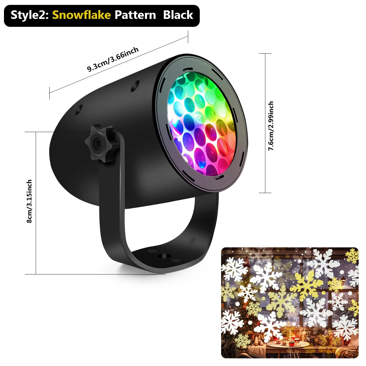Black LED light projector with colorful interior, dimensions shown, and snowflake pattern application on a white background.