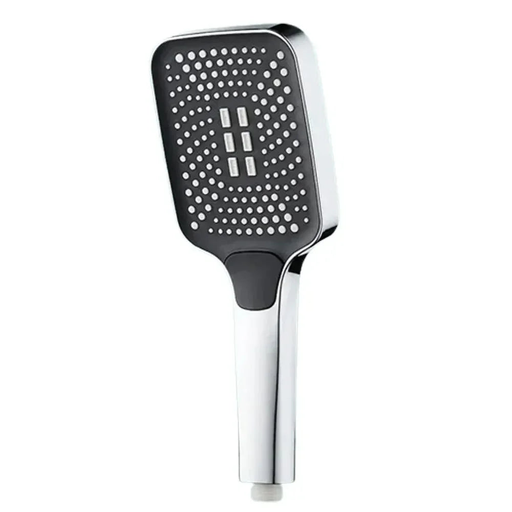 Handheld shower head with black rain showerhead and silver handle on a white background