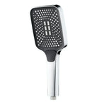 Handheld shower head with black rain showerhead and silver handle on a white background