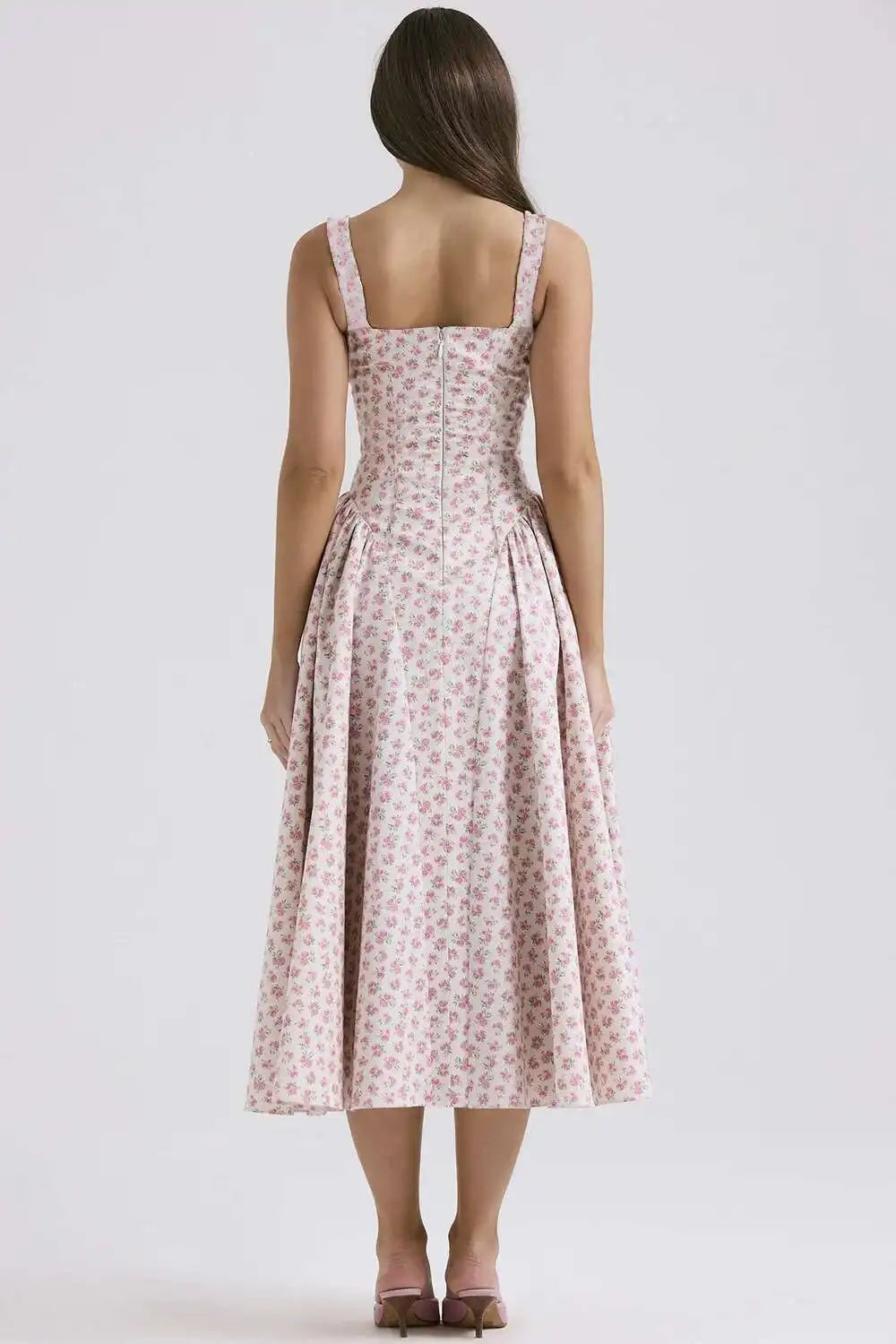 Floral Print A-Line Midi Dress - Spaghetti Strap Backless - Cottagecore Style