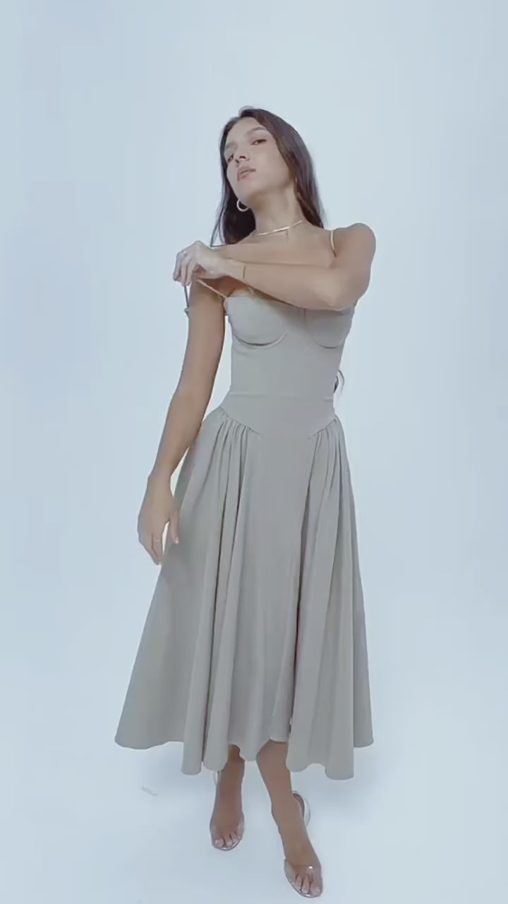 Spaghetti Strap Fit and Flare Midi Dress - Cottagecore Style