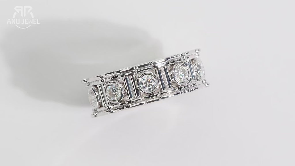 3mm Moissanite Roman Column Eternity Ring - Sterling Silver Wedding Band