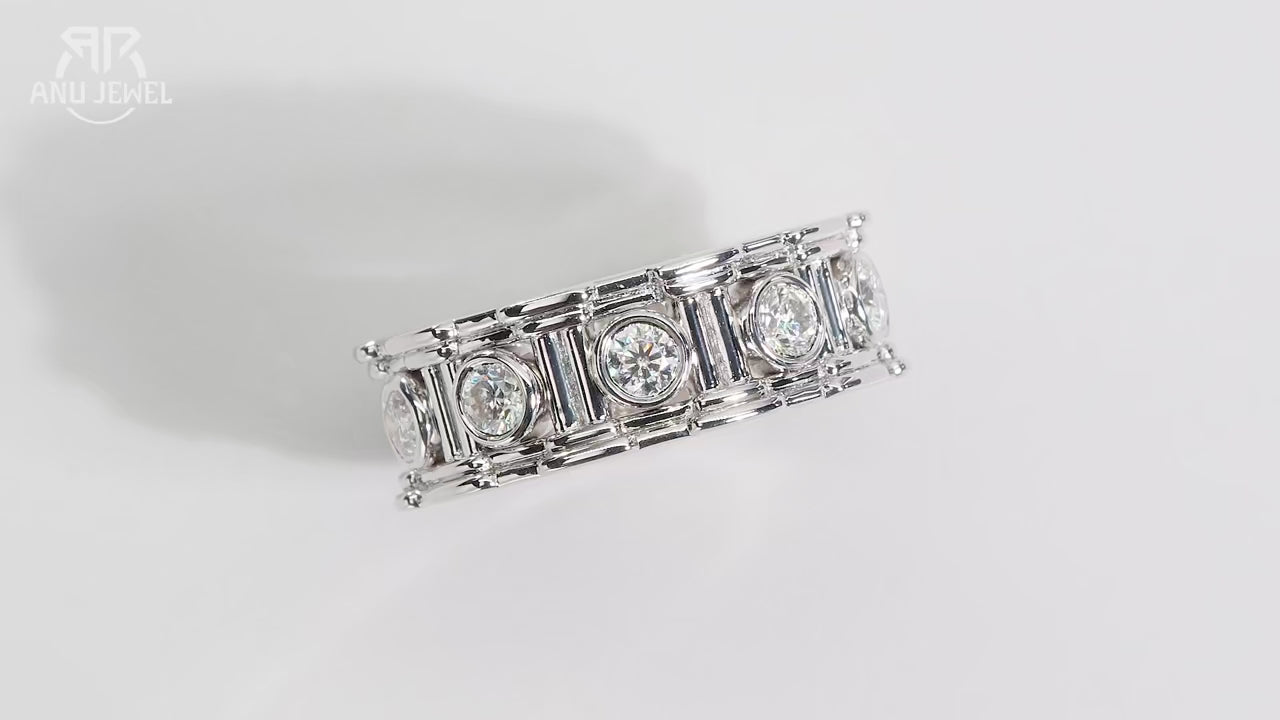 3mm Moissanite Roman Column Eternity Ring - Sterling Silver Wedding Band