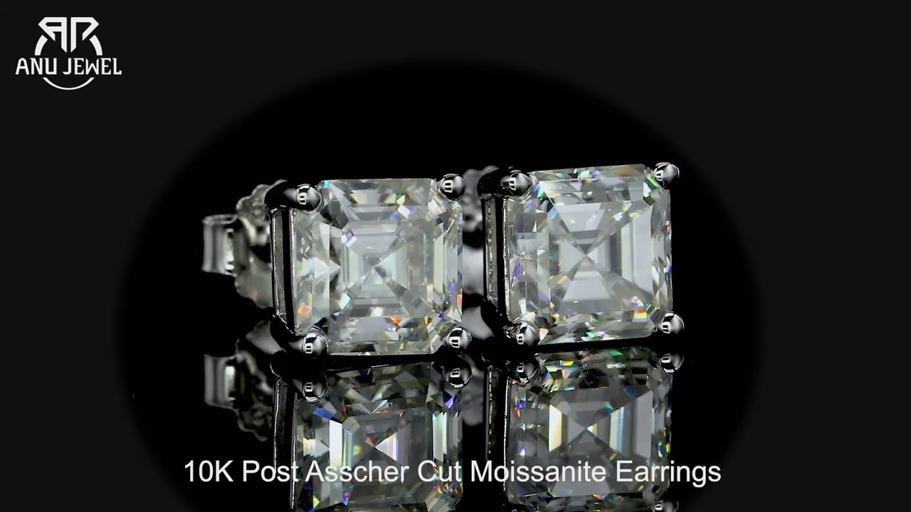 Asscher Cut Moissanite Stud Earrings - 10K Gold Post