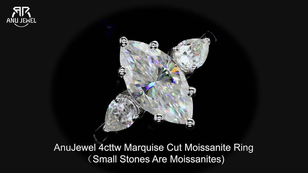 4ct Marquise Cut D-Color Moissanite Three Stone Engagement Ring - 925 Sterling Silver