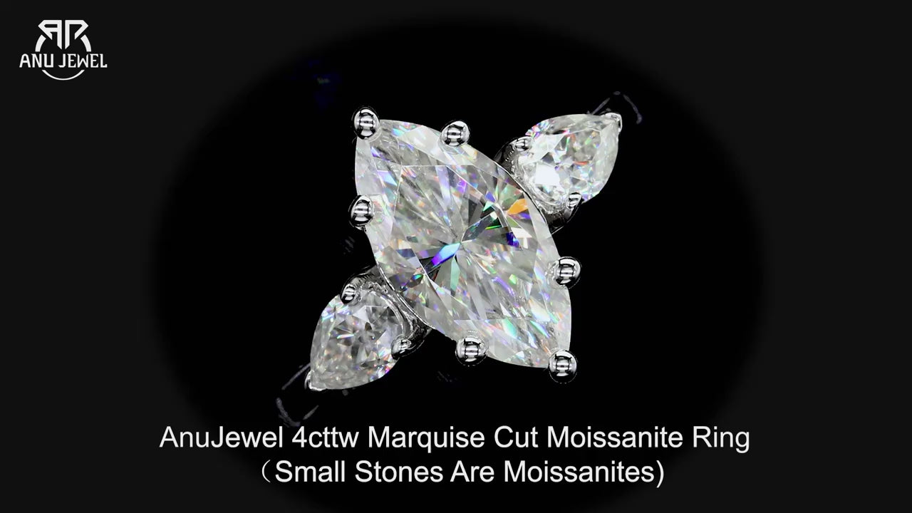 4ct Marquise Cut D-Color Moissanite Three Stone Engagement Ring - 925 Sterling Silver