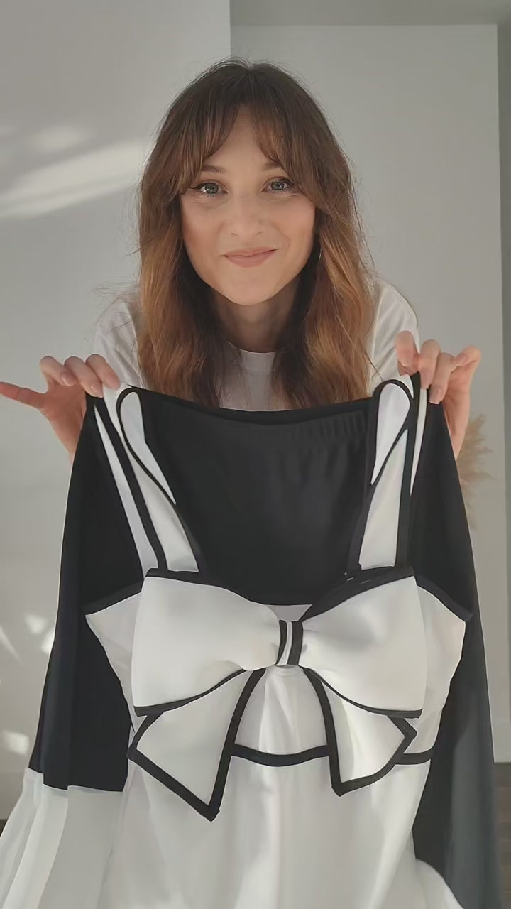 3D Bow-Tie Decor Swimsuit - Black and White Beachwear