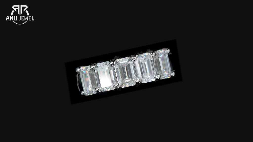 0.6ct Emerald Cut Moissanite Wedding Band - D Color Sterling Silver Ring