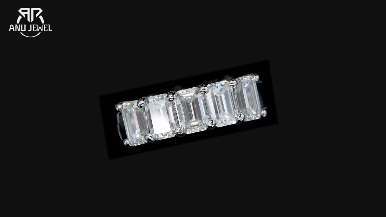 0.6ct Emerald Cut Moissanite Wedding Band - D Color Sterling Silver Ring
