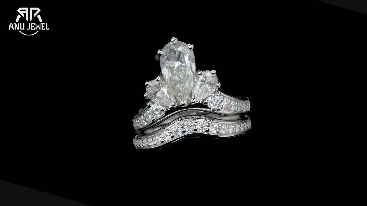3.78ct Pear Cut D-Color Moissanite Bridal Ring Set - 925 Sterling Silver