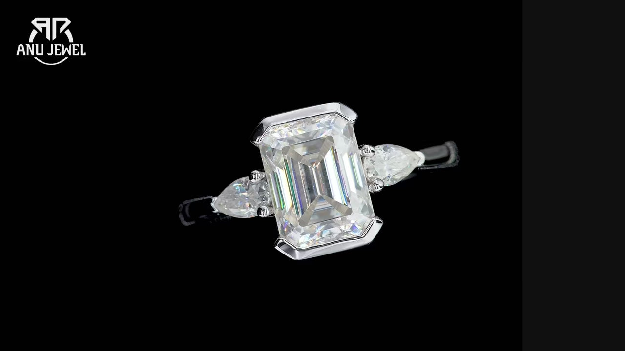 3.6ct Emerald Cut D-Color Moissanite Three Stone Engagement Ring - 925 Sterling Silver
