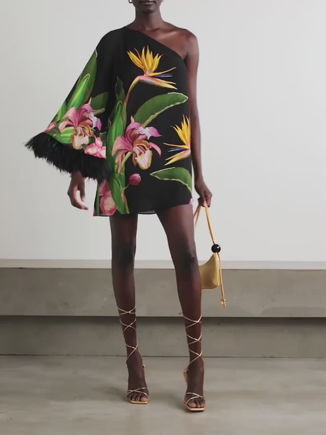 Floral Print One-Shoulder Feather Sleeve Maxi Dress