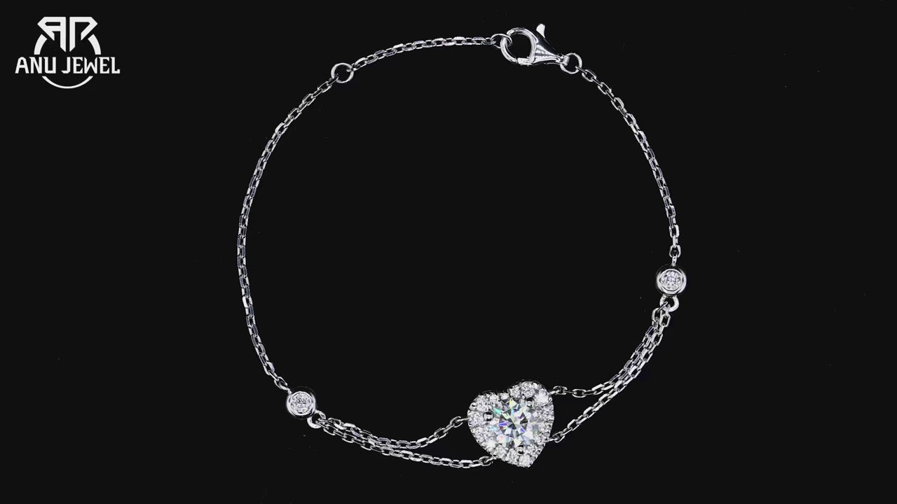 1ct Moissanite Heart Bracelet - 925 Sterling Silver Adjustable