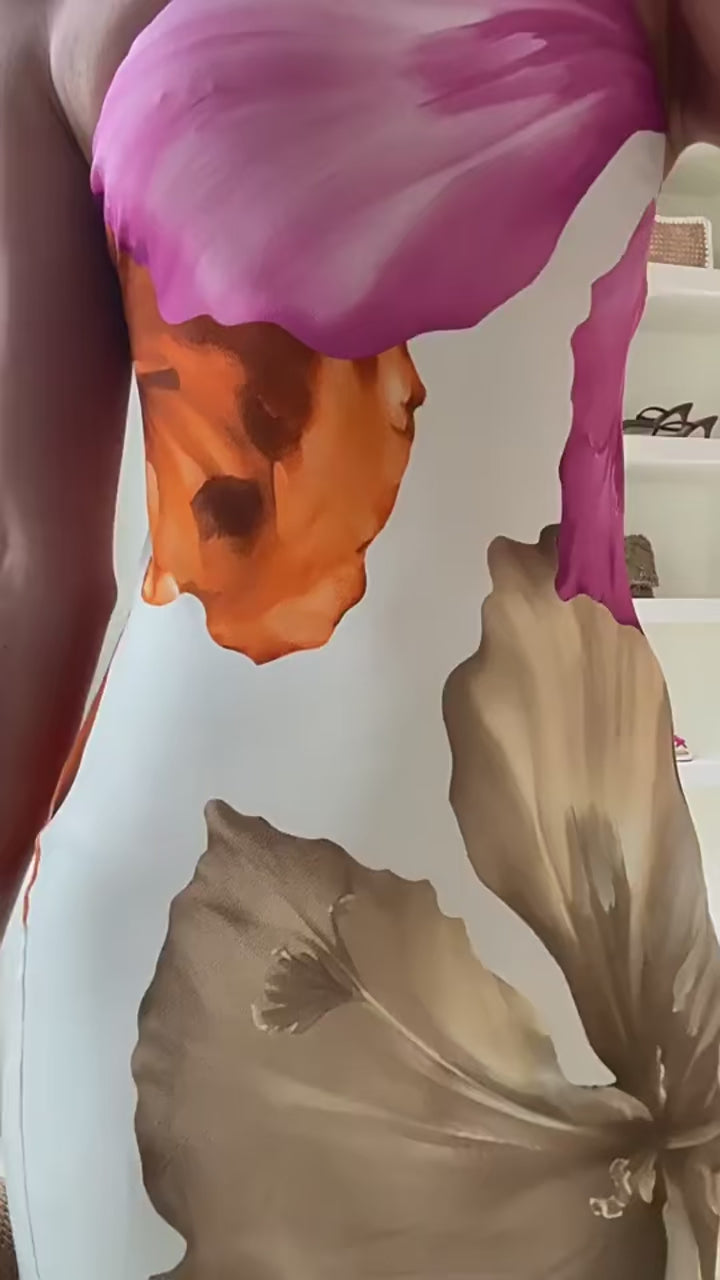 Printed One-Shoulder Maxi Dress - Asymmetric Ruffle Hem