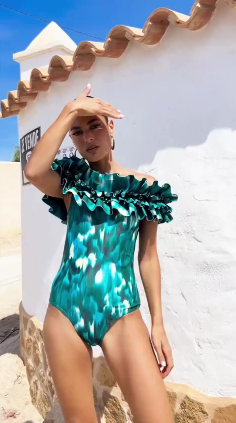 Bandeau Ruffled Swimsuit - Green Blooming Print Beachwear