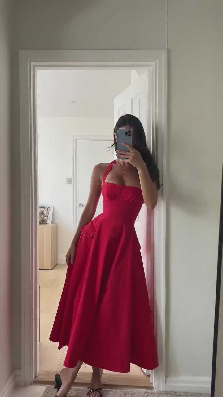 Halter A-Line Midi Dress - Cottagecore Style