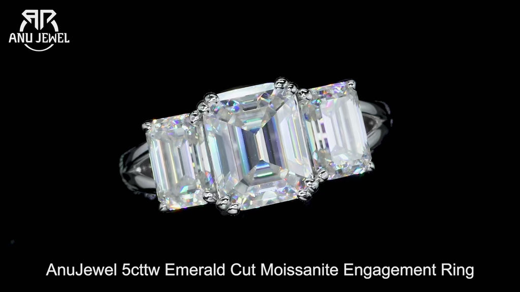 5ct Emerald Cut D-Color Moissanite Three Stone Engagement Ring - 925 Sterling Silver