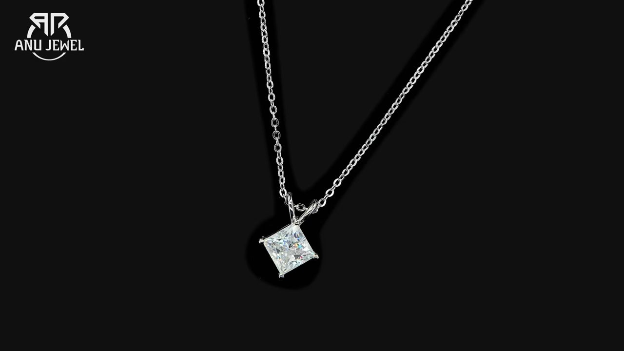 Princess Cut Moissanite Pendant Necklace - 925 Sterling Silver D Color