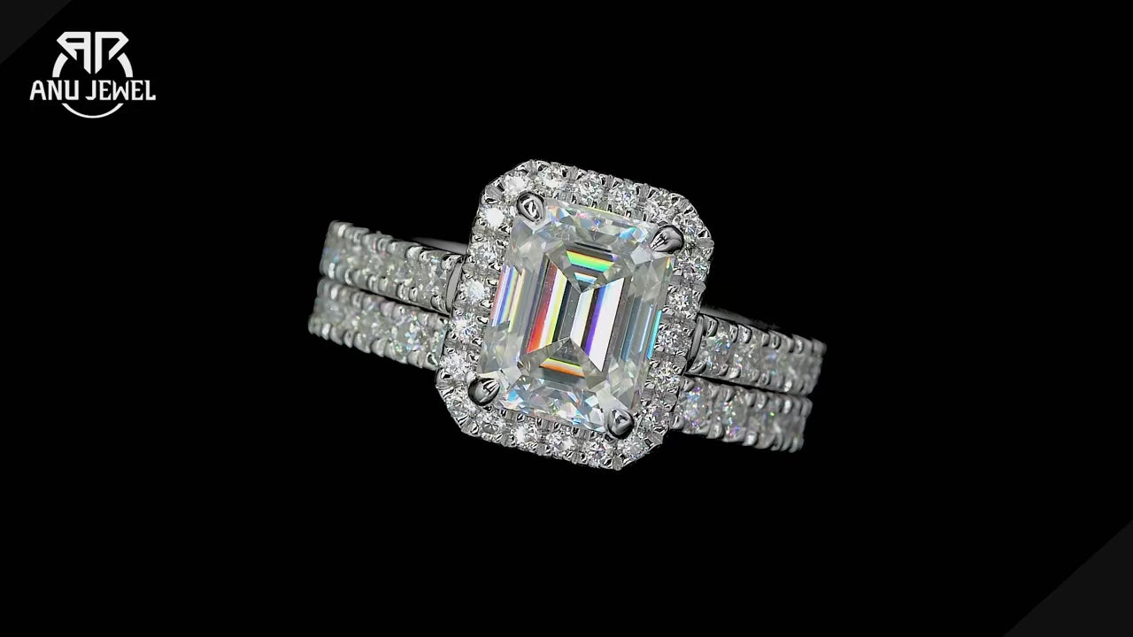3ct Emerald Cut D-Color Moissanite Halo Bridal Ring Set - 925 Sterling Silver