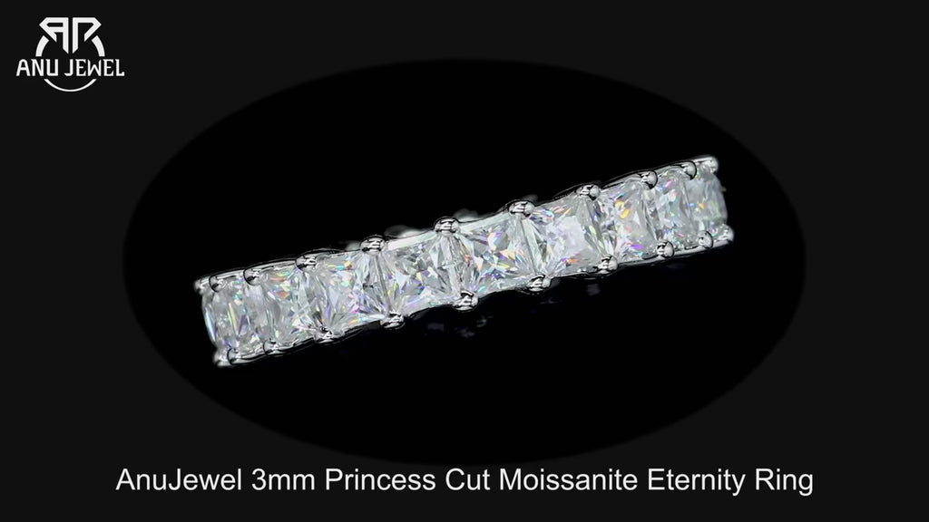 3mm Princess Cut D Color Moissanite Eternity Band - Sterling Silver