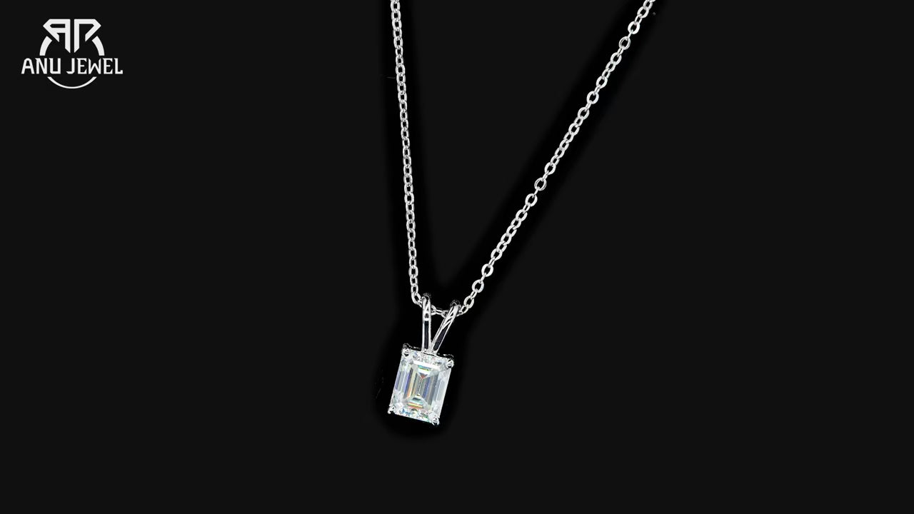 Emerald Cut Moissanite Pendant Necklace - 925 Sterling Silver D Color