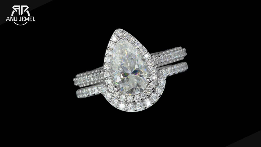 4.83ct Pear Cut D-Color Moissanite Halo Bridal Ring Set - 925 Sterling Silver