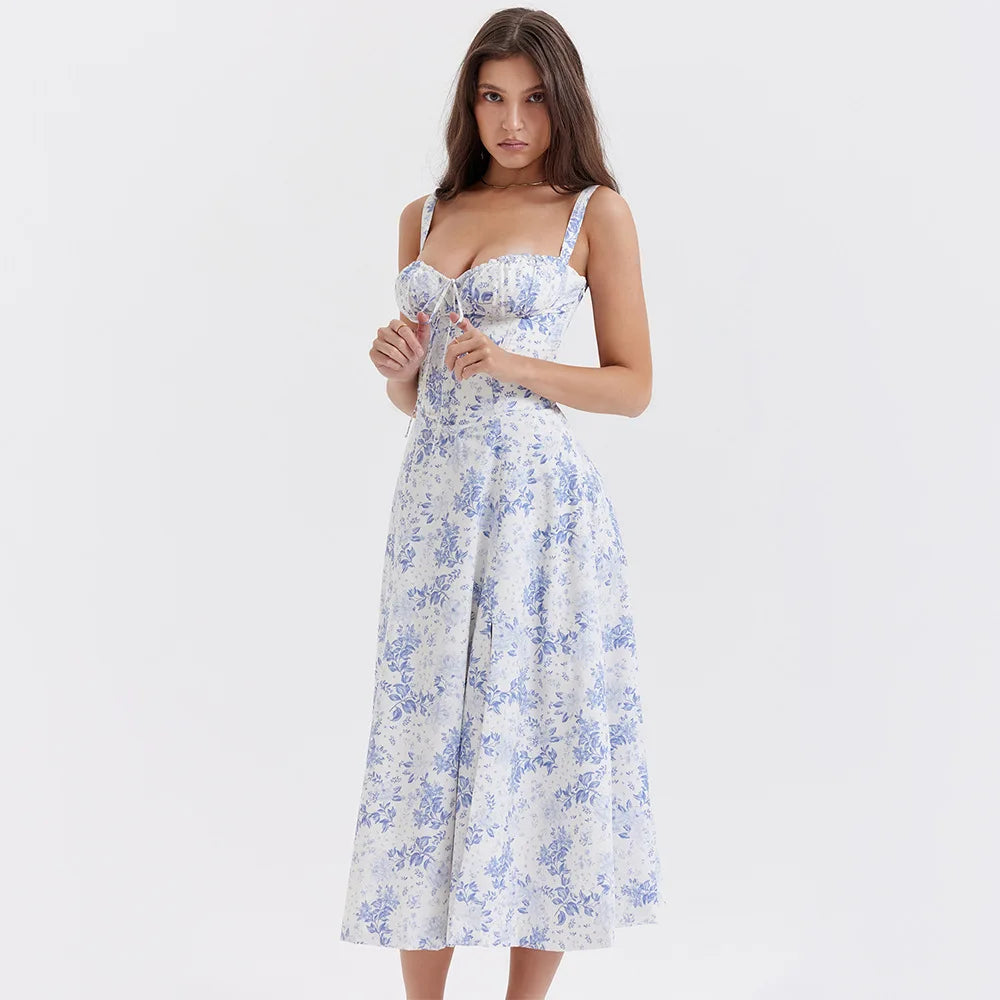 Floral Print Spaghetti Strap Midi Dress with Slit - Cottagecore Style